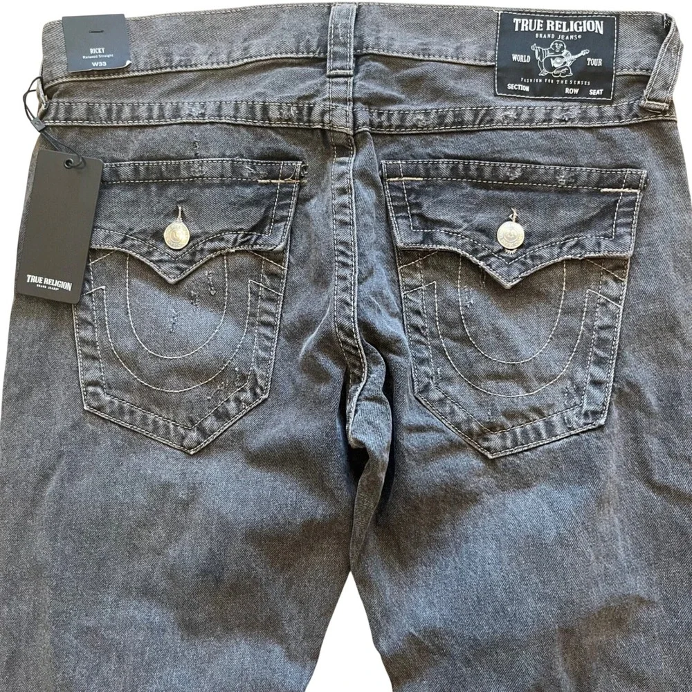 True Religion Ricky Relaxed Straight Jeans Black Compass Trail Applied TR Men 33